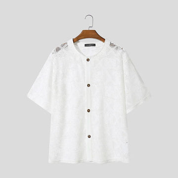 AIDASE  -  2025 Men Shirt Lace See Through Sexy O-neck Short Sleeve Button Male Tops Shirts Streetwear Sexy Men Clothing Summer aidase-shop